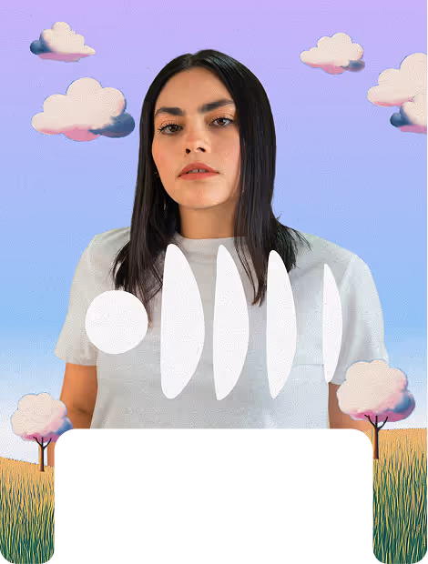 Woman with long dark hair wearing a light gray shirt stands in front of an illustrated background with clouds and trees, with white sound wave shapes overlaid.