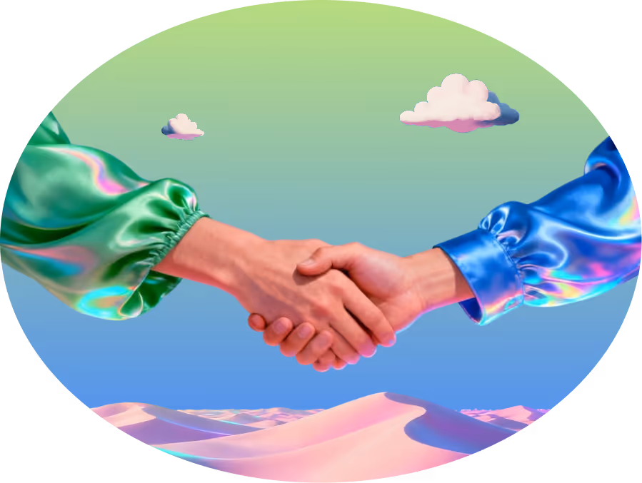 Two hands shaking against a gradient sky with small clouds and pastel pink sand dunes below, with sleeves in shiny green and blue fabric.