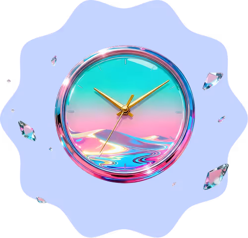 Analog clock with golden hands against a colorful gradient background featuring abstract liquid waves and floating crystal shapes.