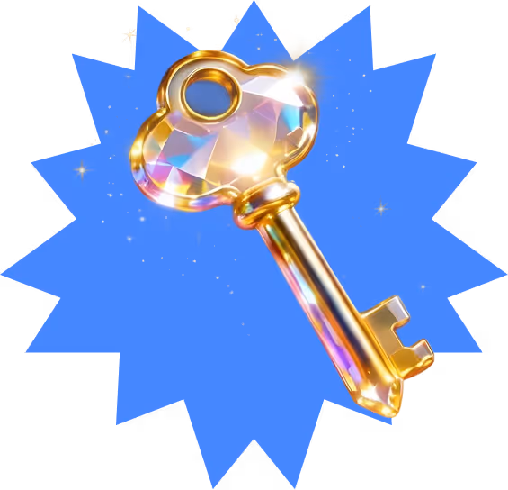Shiny golden key with a faceted crystal-like head glowing against a blue starburst background.