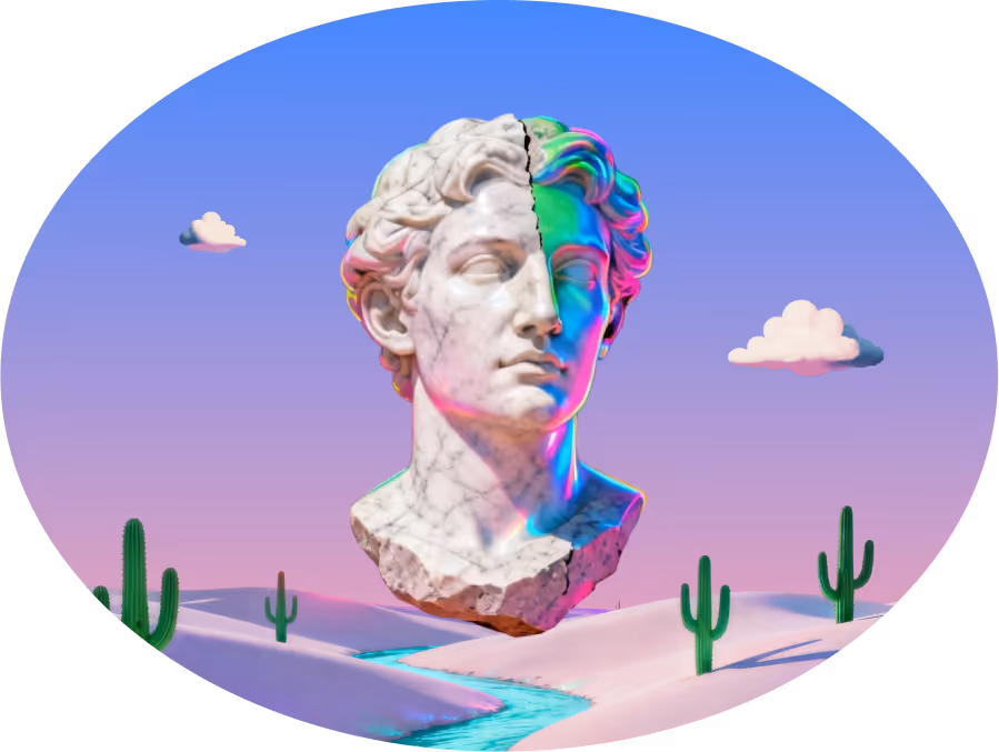 Marble bust of a classical statue with one half colored in neon hues, floating above a desert landscape with cacti and a small blue river under a clear purple and blue sky with clouds.