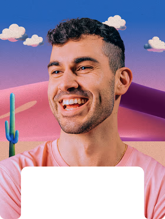 Young woman with long dark hair and tortoiseshell glasses against a purple and blue starburst background.