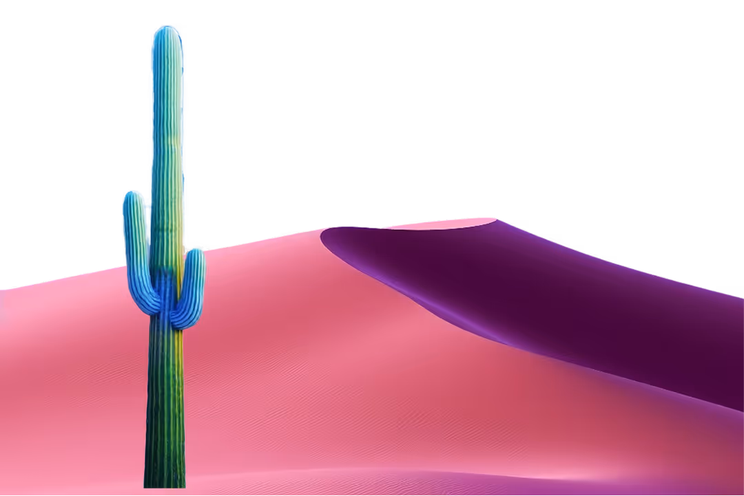 Tall green cactus standing beside a pink and purple sand dune.