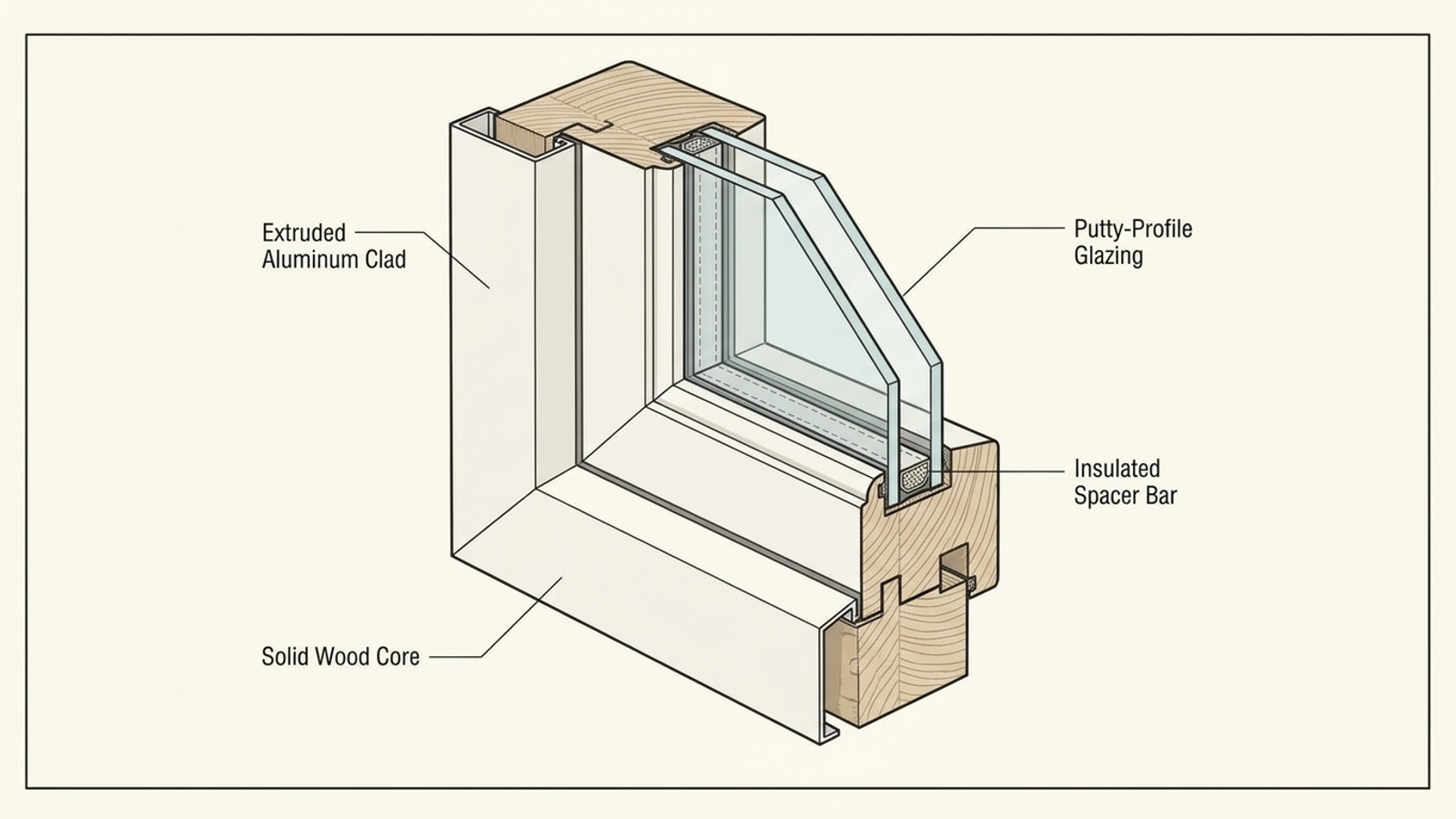 Architectural cross-section of a wood window sash showing aluminum cladding, wood core, and beveled putty profile
