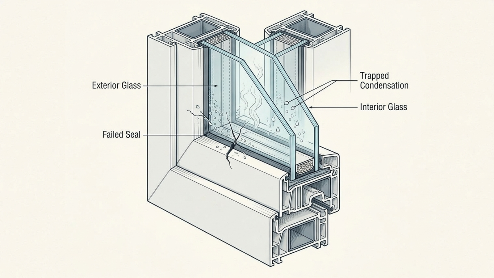 Cutaway of a double-pane window showing moisture between the panes after the perimeter seal fails.