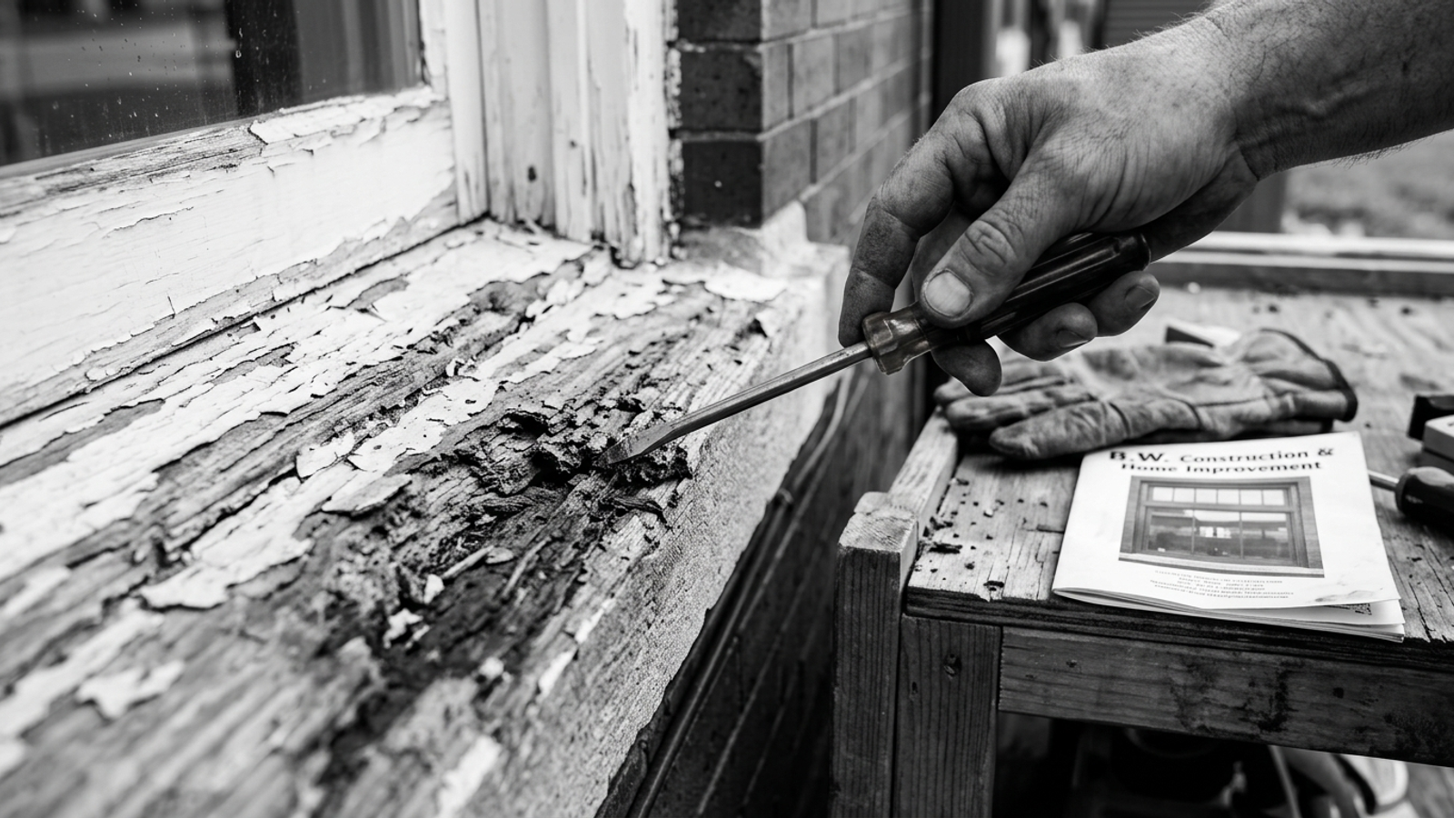 Flathead screwdriver testing a soft, weathered exterior window sill for rot.