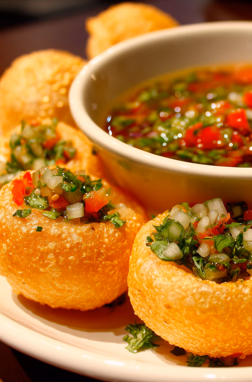 Panipuri, a balloon-shaped hard light fried dough, filled with water flavored with spices