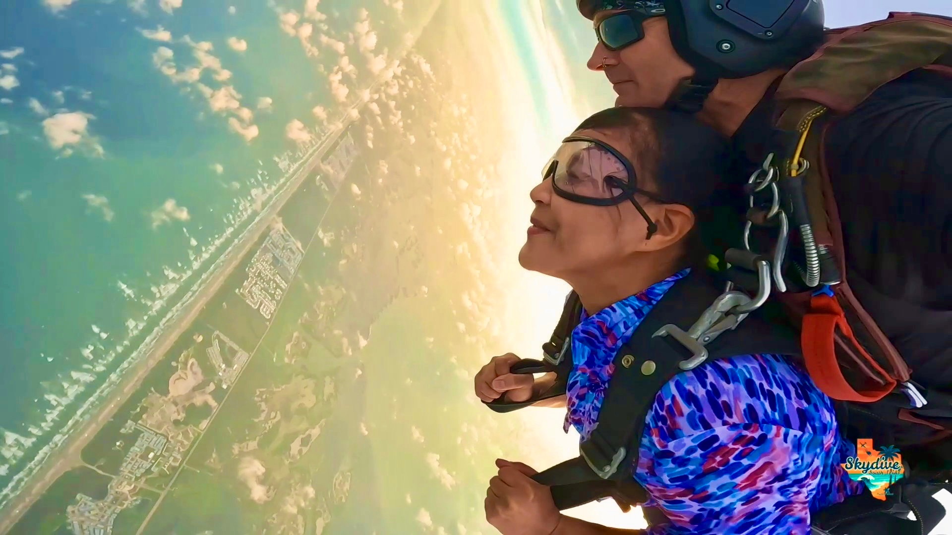 Tandem skydive with canopy open over Mustang Island, Port Aransas TX