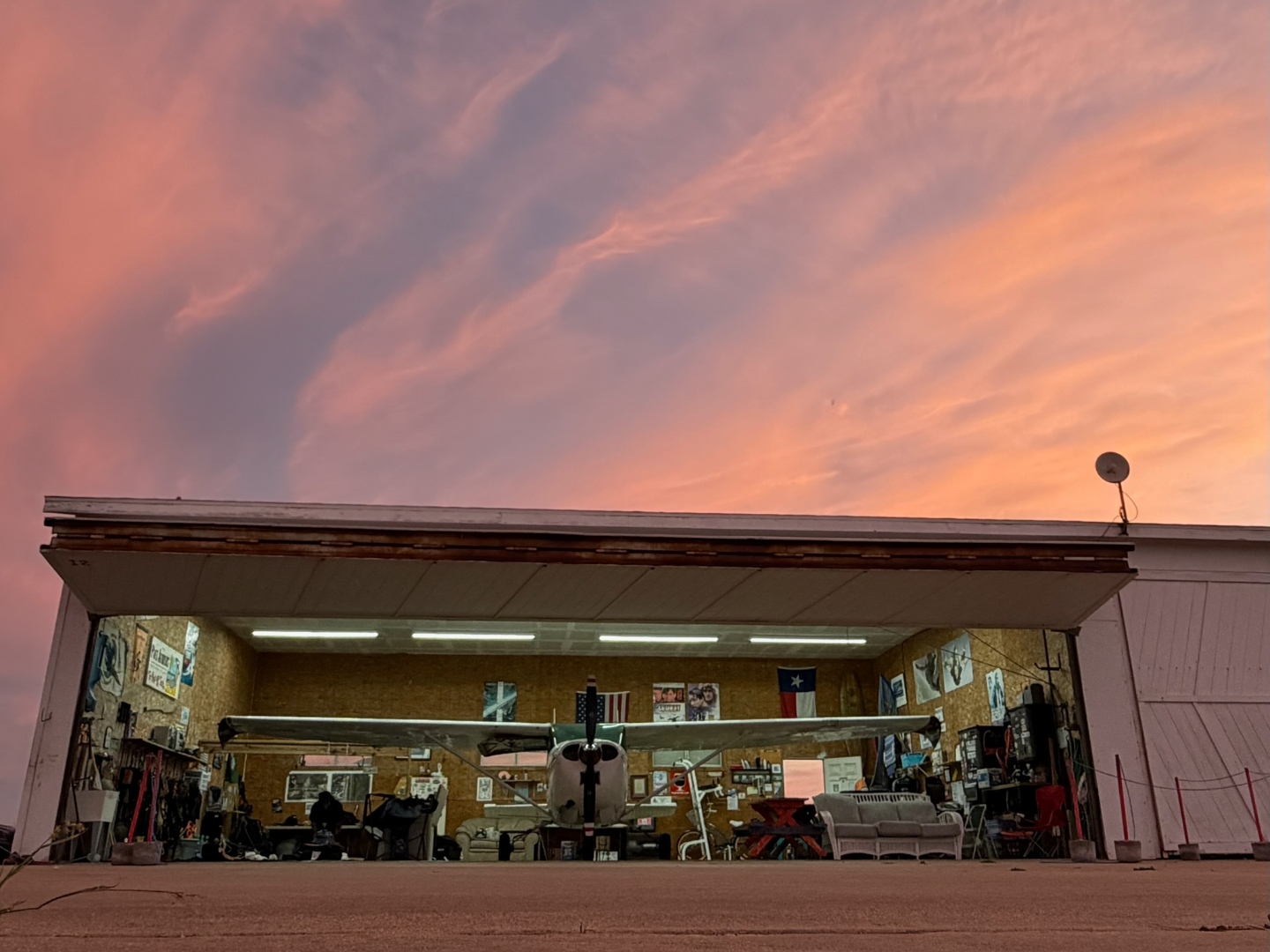 Golden hour at the Skydive South Texas hangar in Port Aransas, Texas