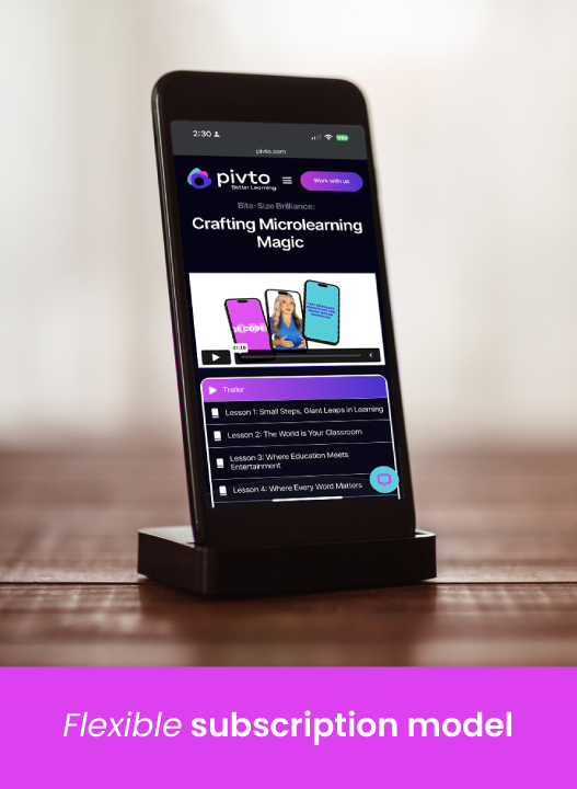 Smartphone on a stand showing a subscription model website.