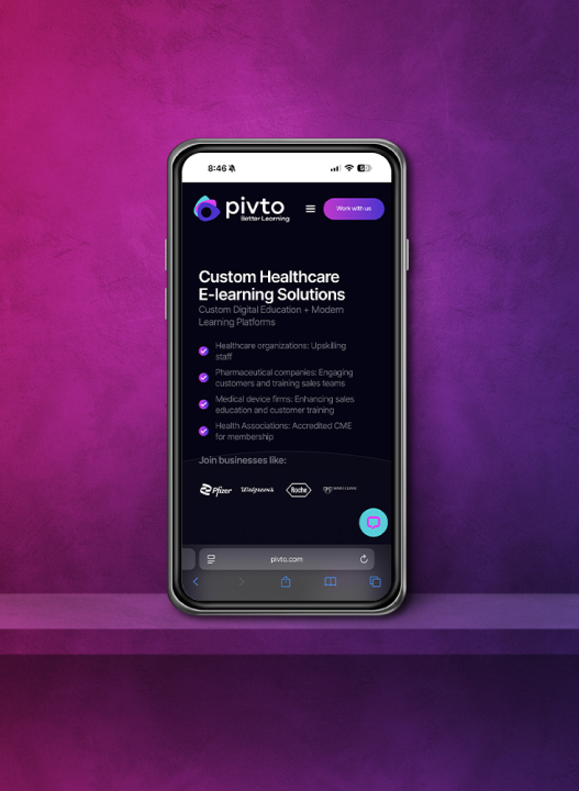 Smartphone displaying a website against a purple background.