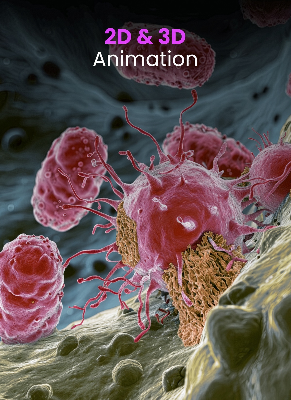 Poster graphic of microscopic pink virus-like cells with spike-like tendrils on a textured green-brown surface against a dark blue-green background. Title at the top reads “2D & 3D” in bold magenta and “Animation” in white on the line below.