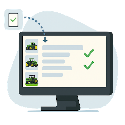 A desktop monitor shows a completed equipment listing with green checkmarks indicating verified details.