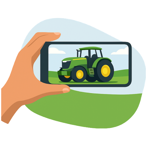 A hand holds a smartphone showing a tractor on-screen while the camera scans equipment outdoors.