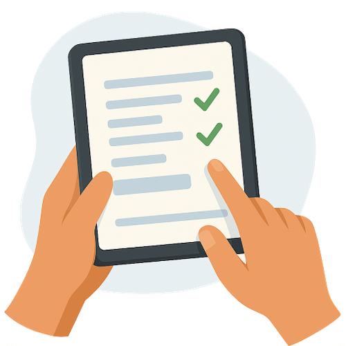 Two hands hold a digital tablet displaying a structured equipment checklist with marked items.