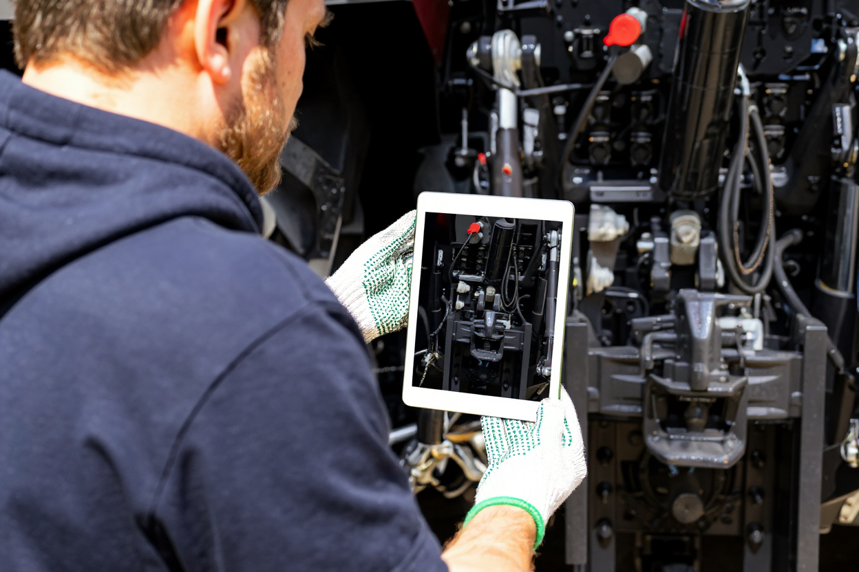 Man in work gloves holding a tablet showing a detailed close-up of machinery components.