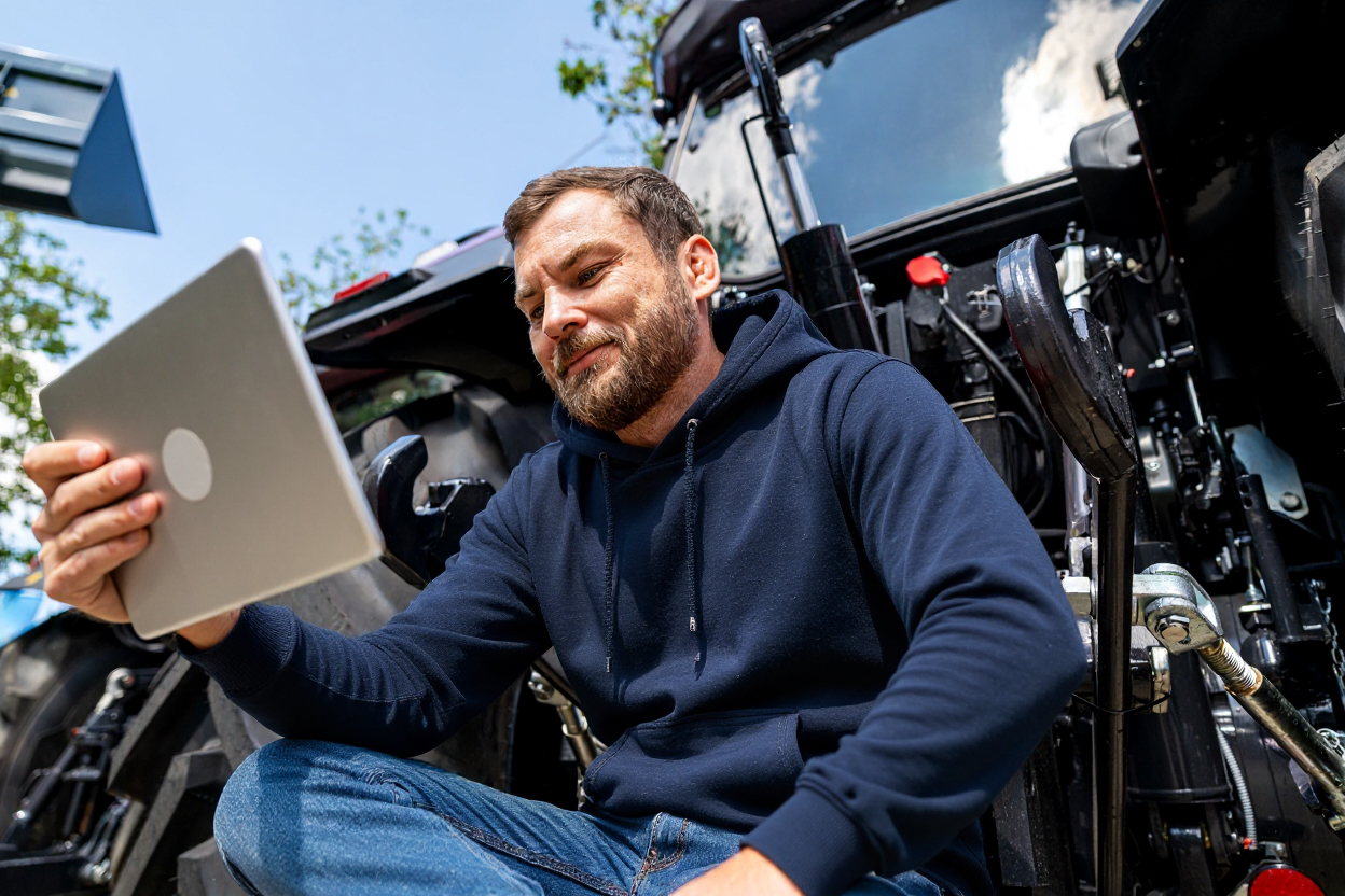 Bearded man in a navy hoodie sitting next to an open  tractor engine compartment, looking at a tablet.