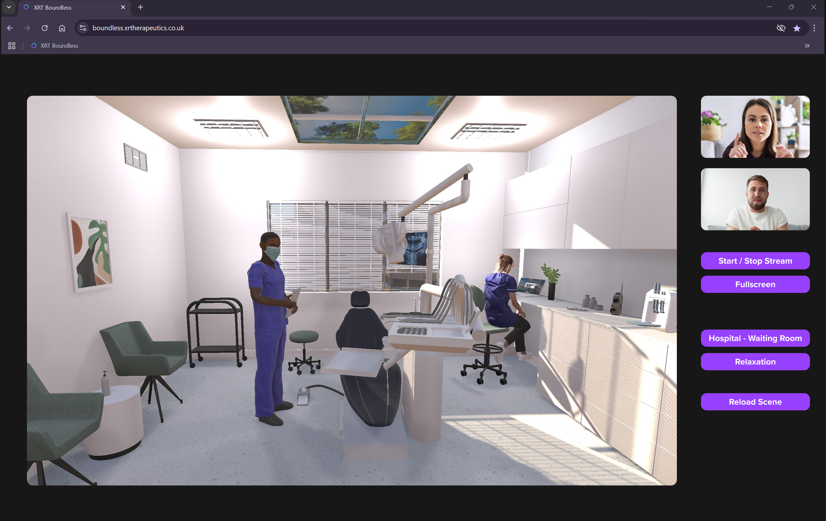 A live therapist-led Boundless session. Clinician and client appear on video while a shared therapeutic scene plays, with start, stop and scene controls alongside.