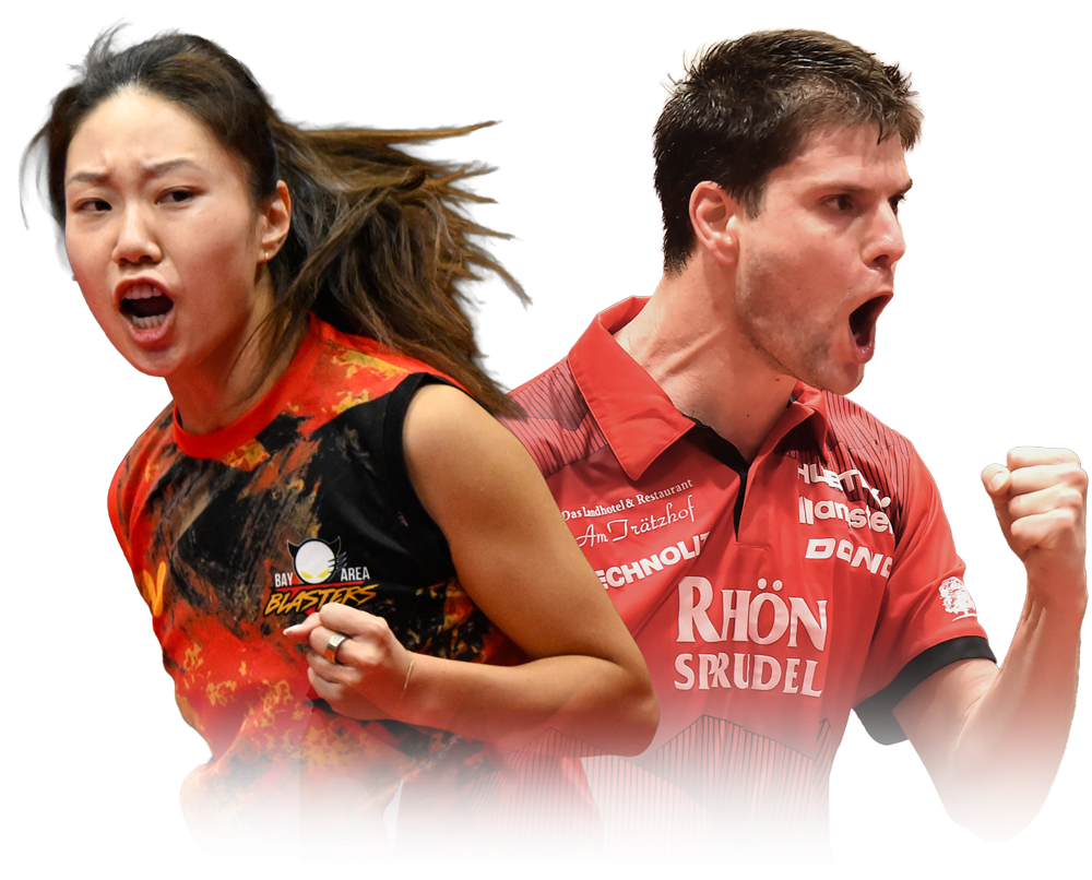 A female and a male table tennis player celebrating with intense expressions and clenched fists.
