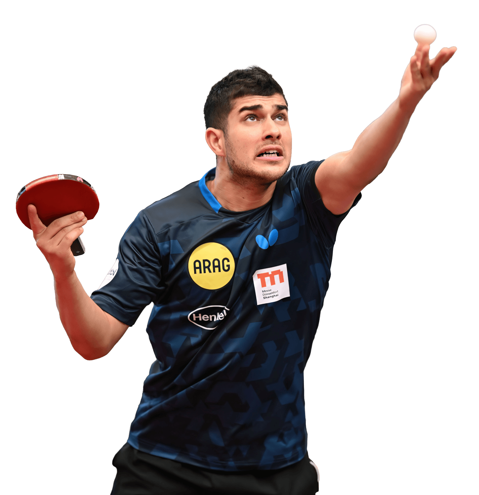 Kanak - Male table tennis player in black and blue shirt serving a ball with focused expression.