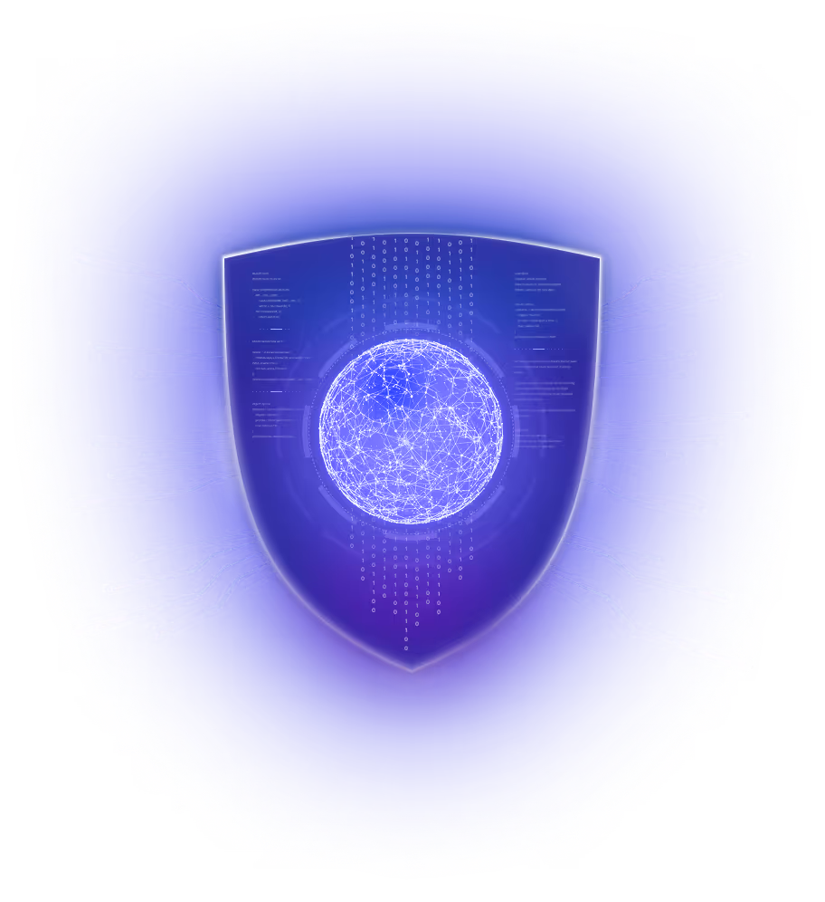 A stylized shield with a glowing AI ball in the center and light stripes radiating out in different directions.