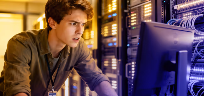 A young male administrator watches the monitor in the server room with concern.