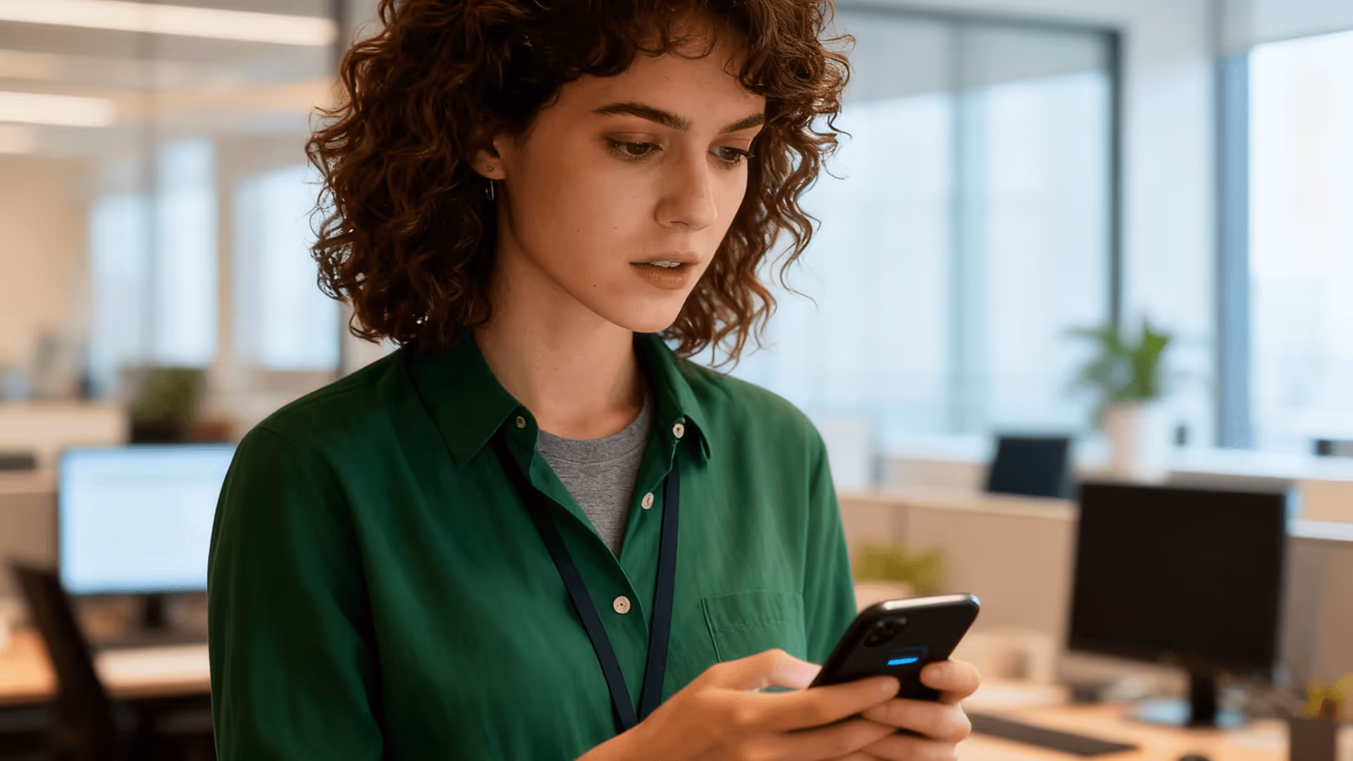 A woman in an office is holding a mobile phone.