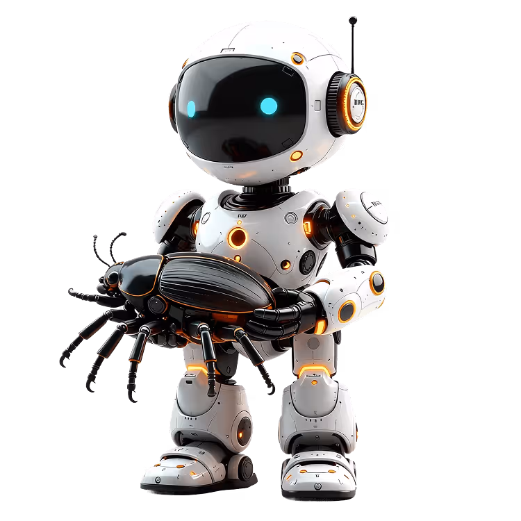 The robot is holding a beetle in its hands