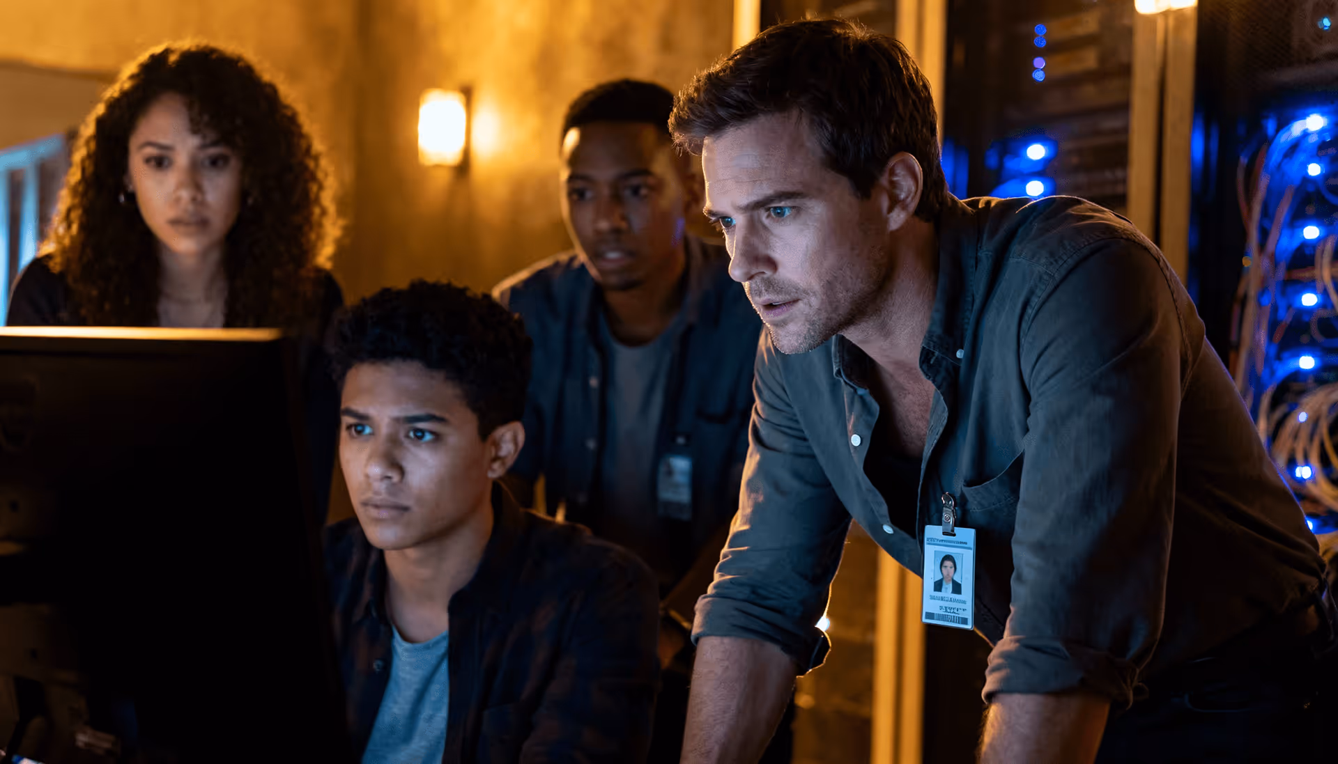 A group of IT specialists monitor a DDoS attack on a company's servers in a server room.