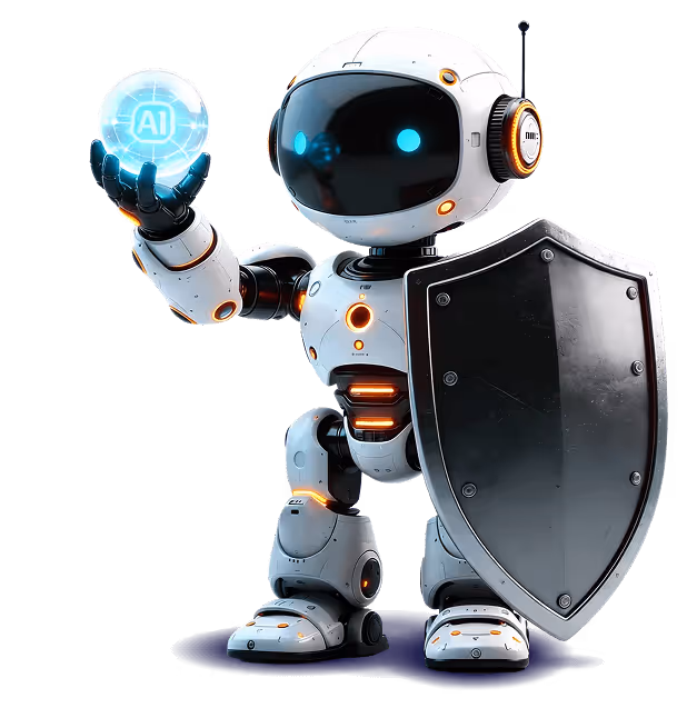 The robot holds an AI ball in one hand and a shield in the other