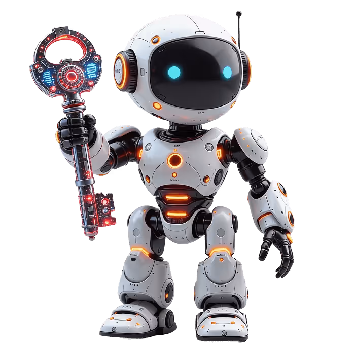 A robot keeps a digital key in his hand