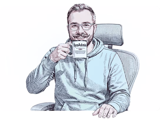 An image depicting a system administrator is drinking a tea.