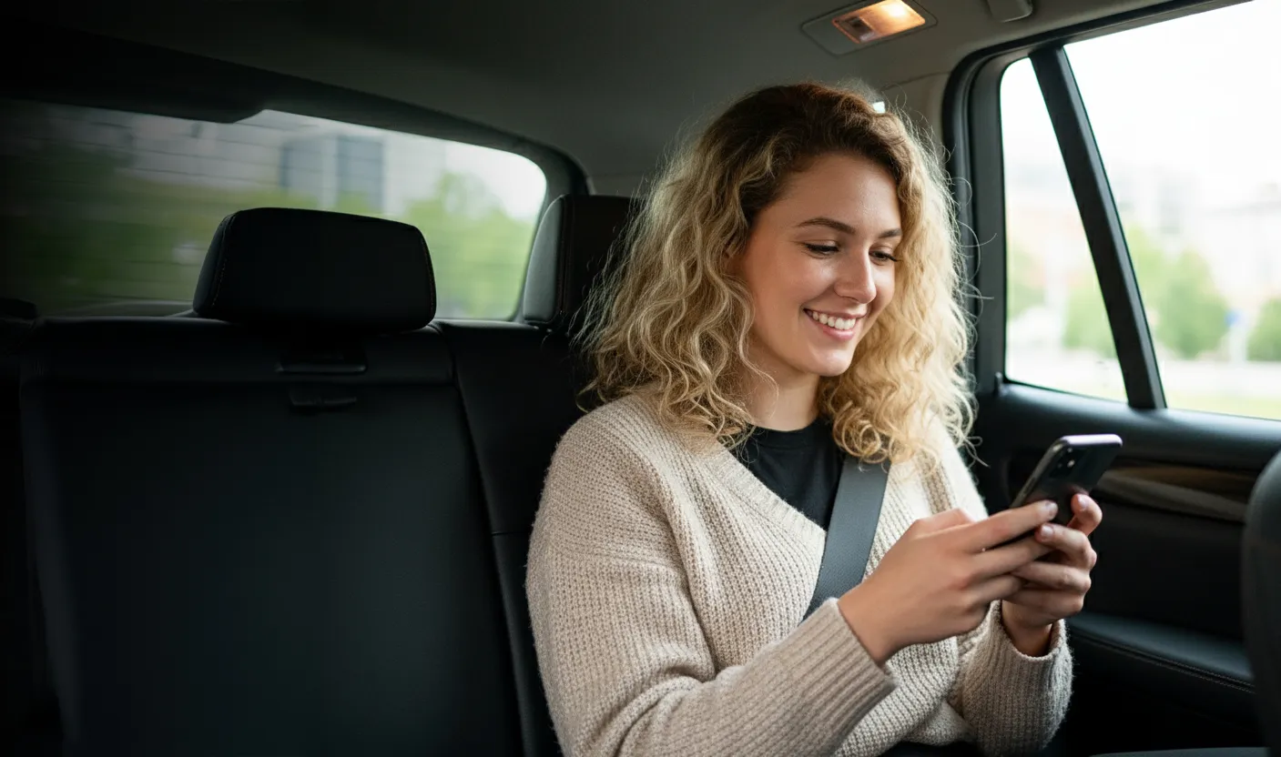 Smiling woman with curly blonde hair wearing a beige sweater and seatbelt, sitting in the backseat of a car while using a smartphone.