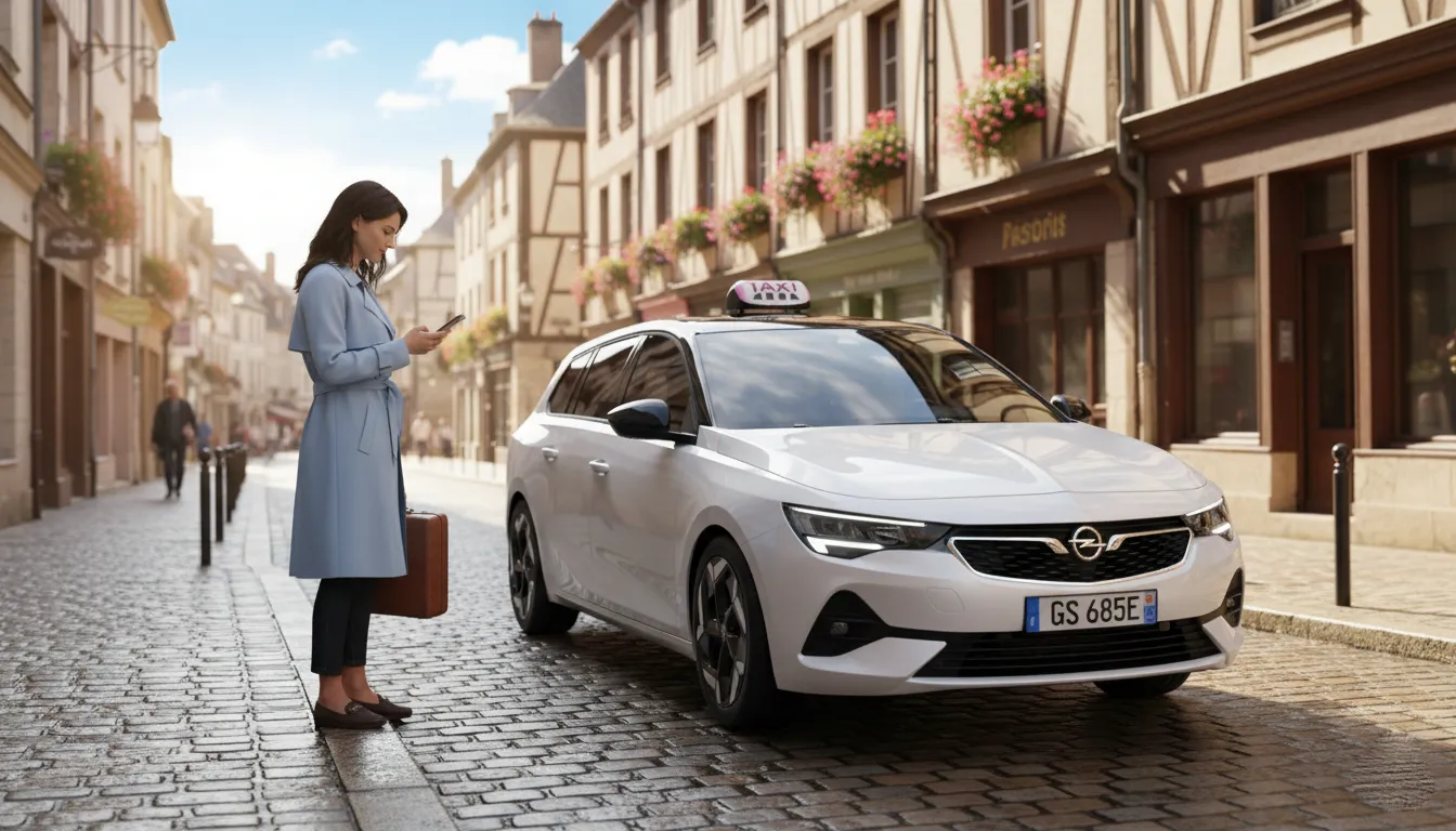 Woman in a blue coat standing on a cobblestone street holding a suitcase and looking at her phone next to a white Opel taxi.