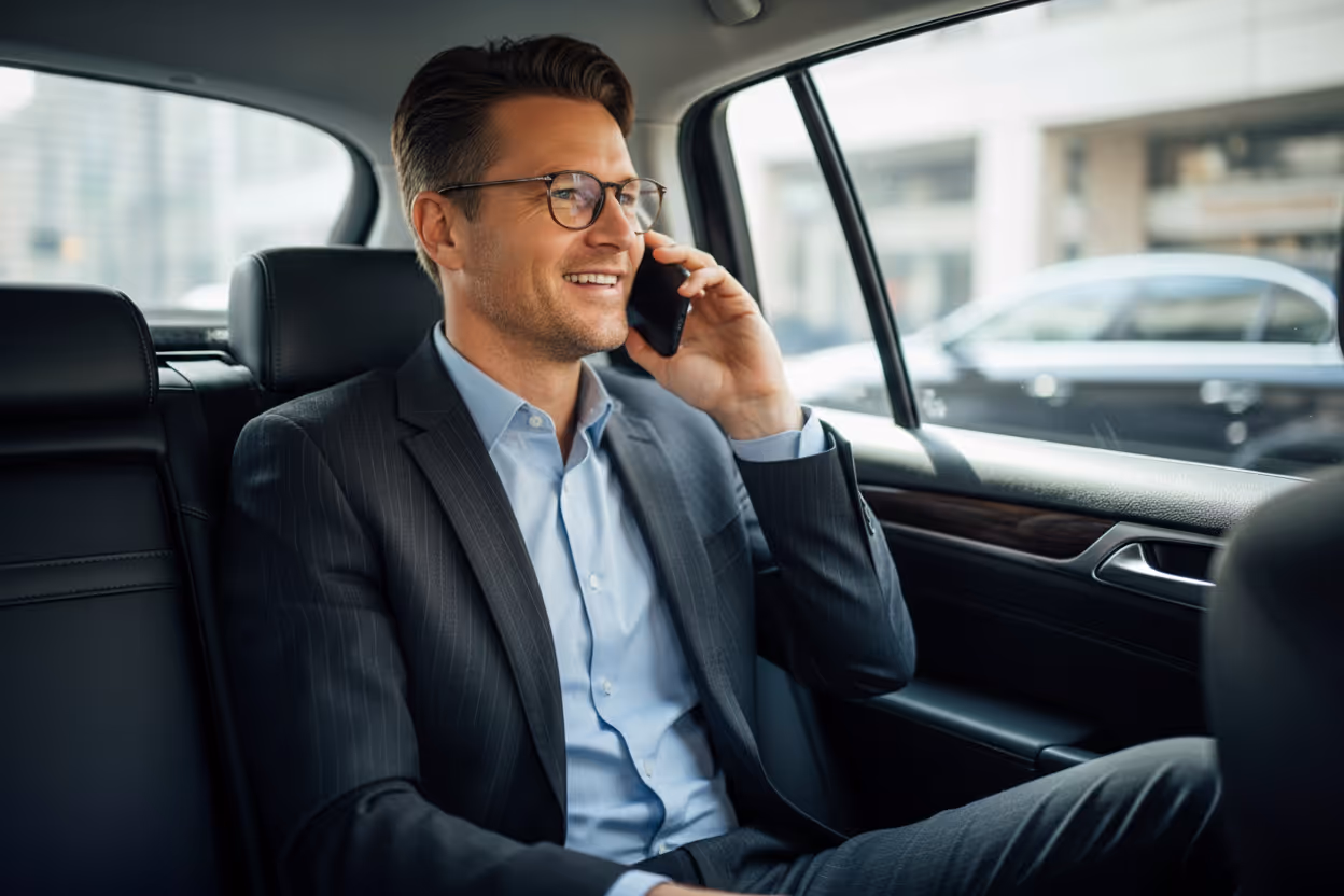 Homme d'affaires souriant portant un costume et des lunettes, parlant au téléphone à l'arrière d'une voiture.