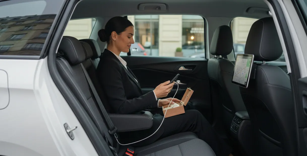 Une femme assise à l'arrière d'une voiture, utilisant son téléphone avec un chargeur connecté et tenant une petite boîte en bois ouverte.