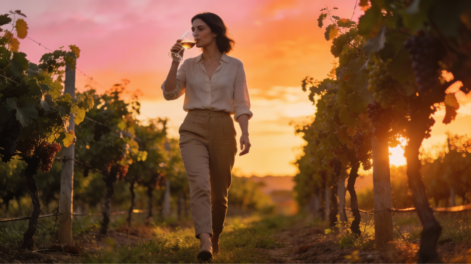 a woman enjoying wine in the vineyard