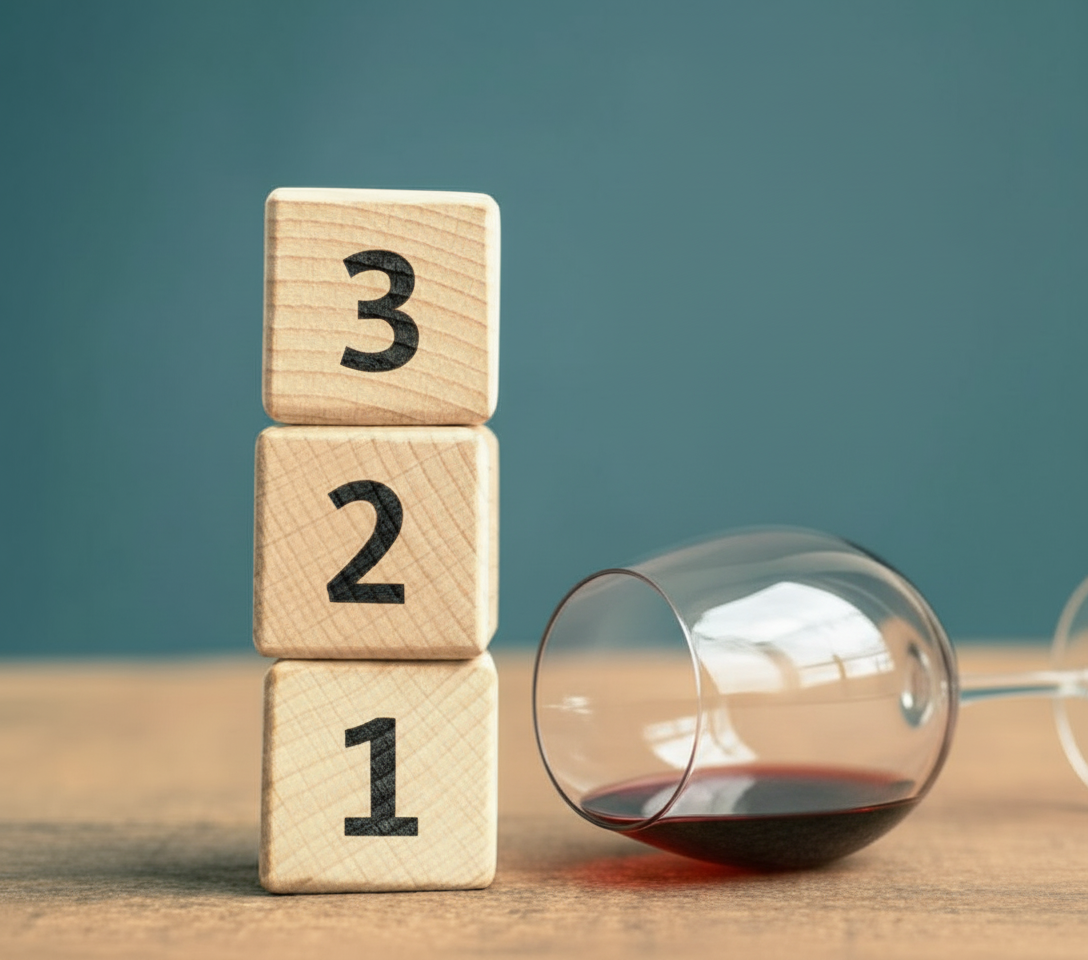 three wooden blocks numbered 1,2,3 are stacked and a wine glass is tilted besides it