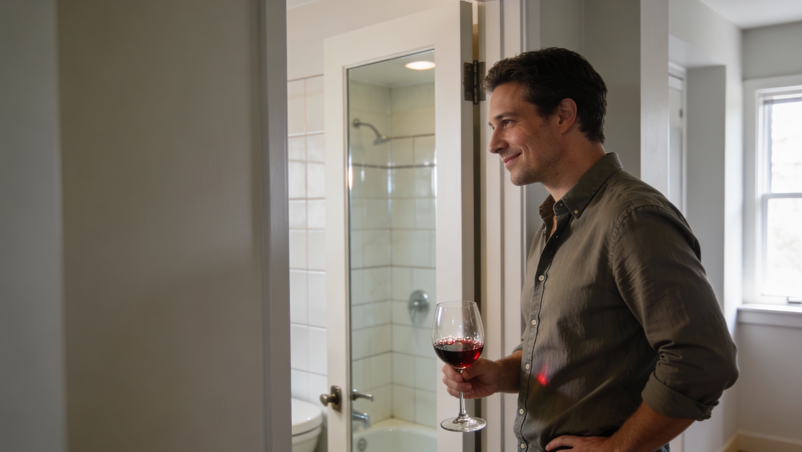 a man holding wine glass standing at the door of a household washroom