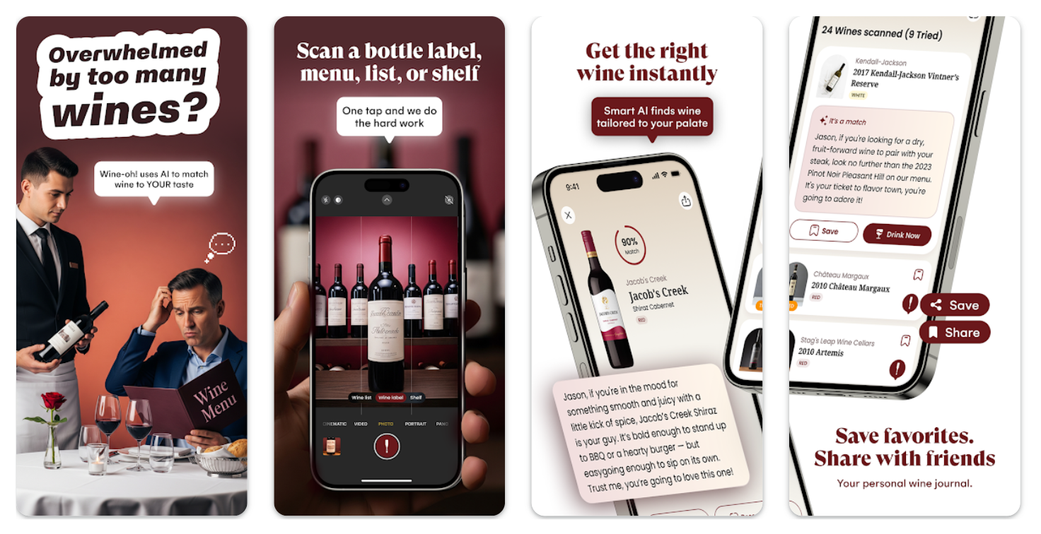 The wine oh! app screens on display
