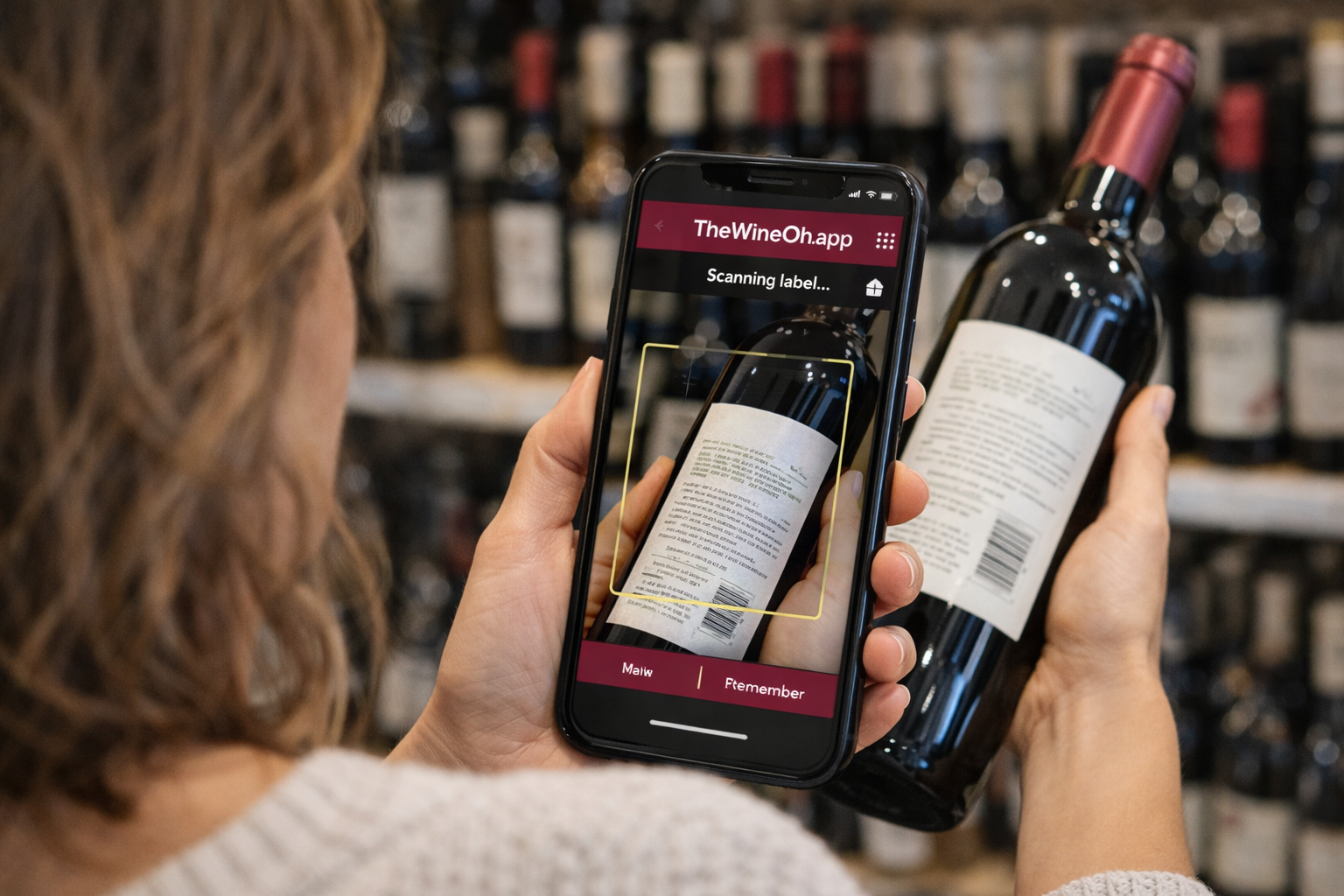 A woman scanning a wine bottle label using the wine oh app