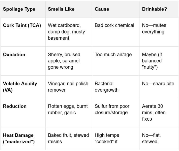 A chart showing the types of spoilage of wine, causes and smell effect of each one and if they are drinkable or not.