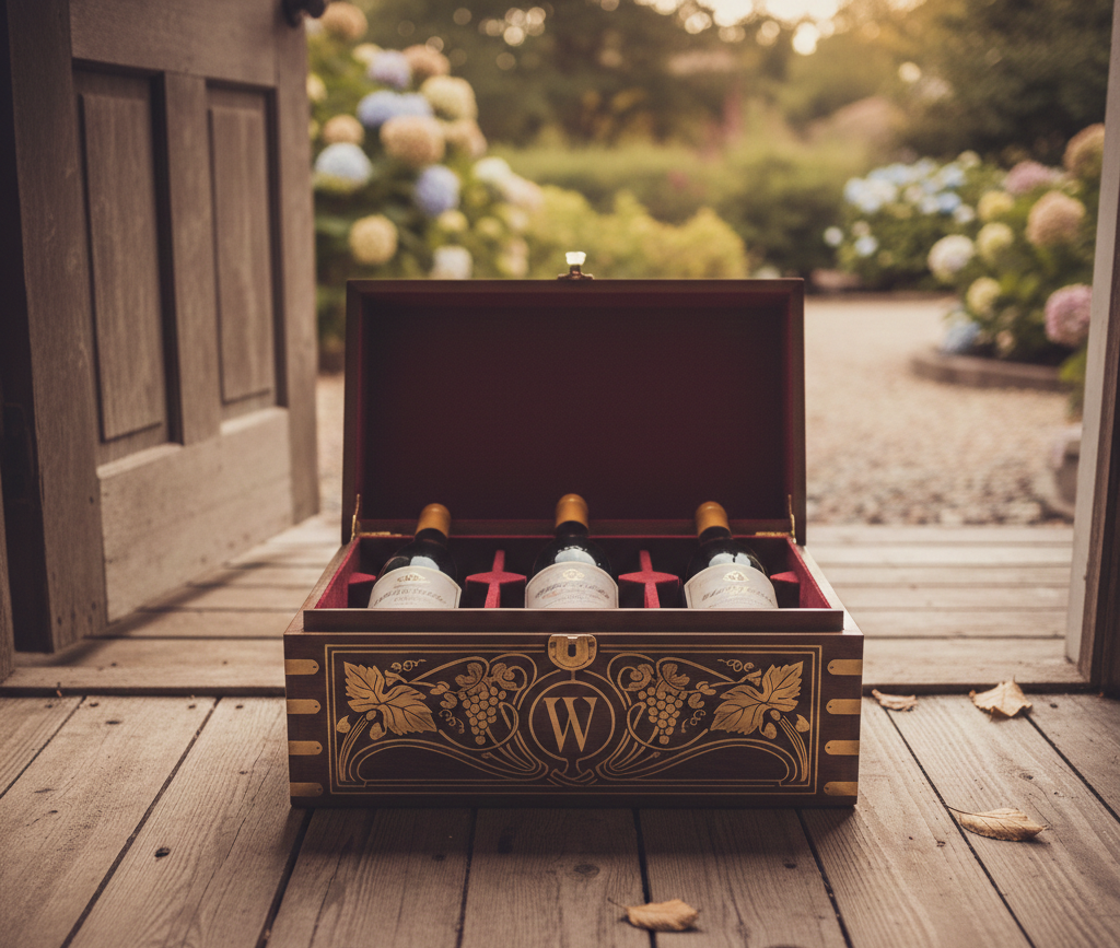 A wine box with three wine bottles kept at the door