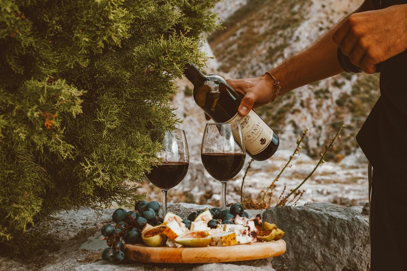  a man poured wine in 2 glasses next to some bushes and a plate of fruits