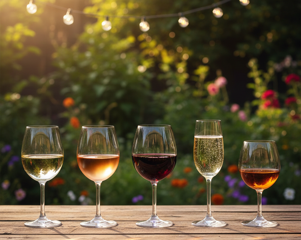 Five types of wines in glasses placed on a wooden table in backyard