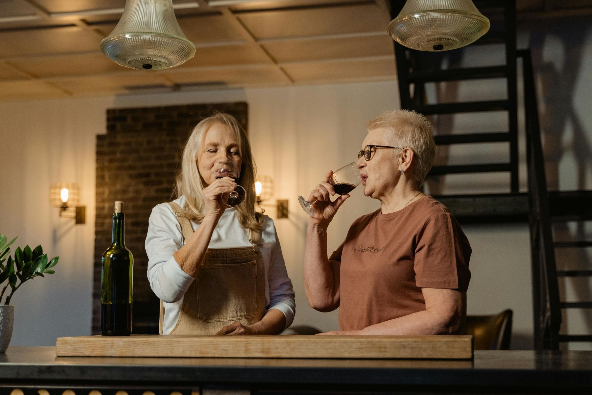 Two ladies drinking wine in their house