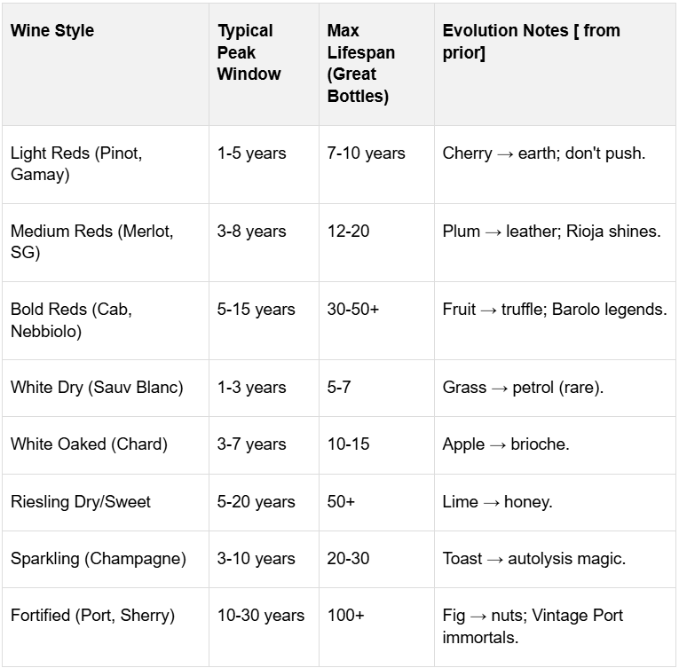A chart showing the type of wine, it's lifespan, peak window and evolution notes