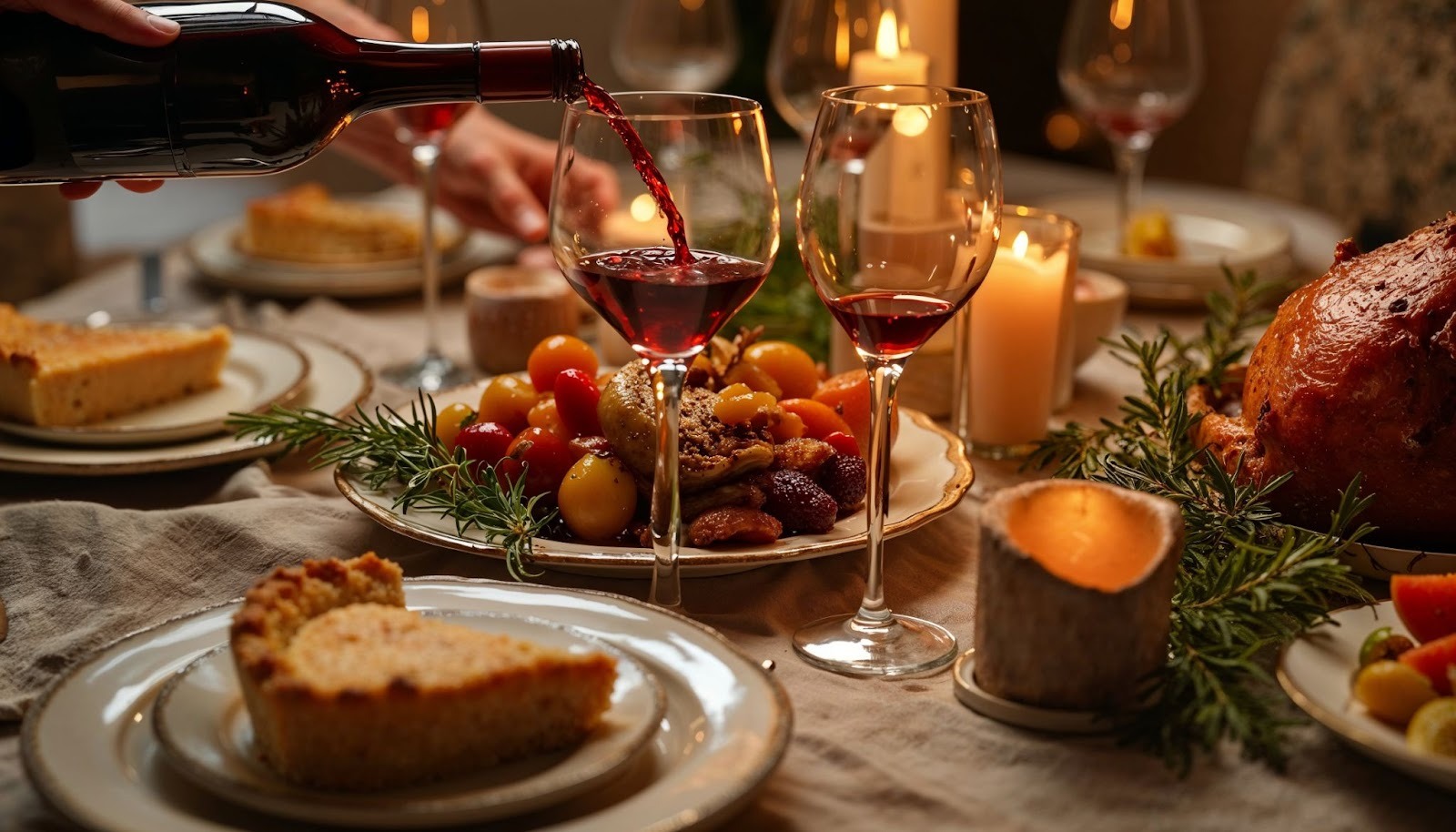 Dinner table with meals, candles, wine glasses and wine being poured in a glass