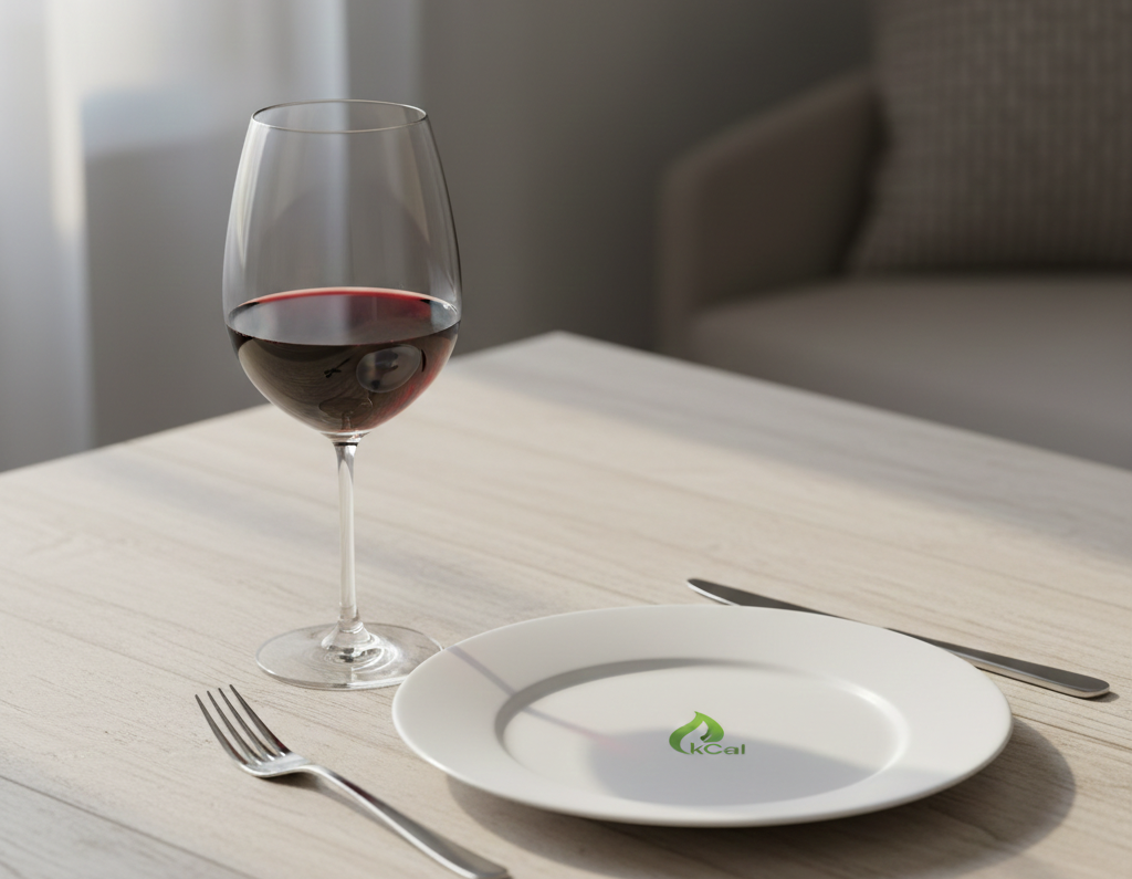 a wine glass and an empty plate with calorie sign on it on a table and knife and fork  on either side of the plate
