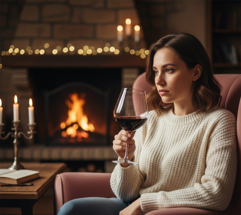 girl sitting in her living room, looking at her wine glass in her hand and thinking something serious